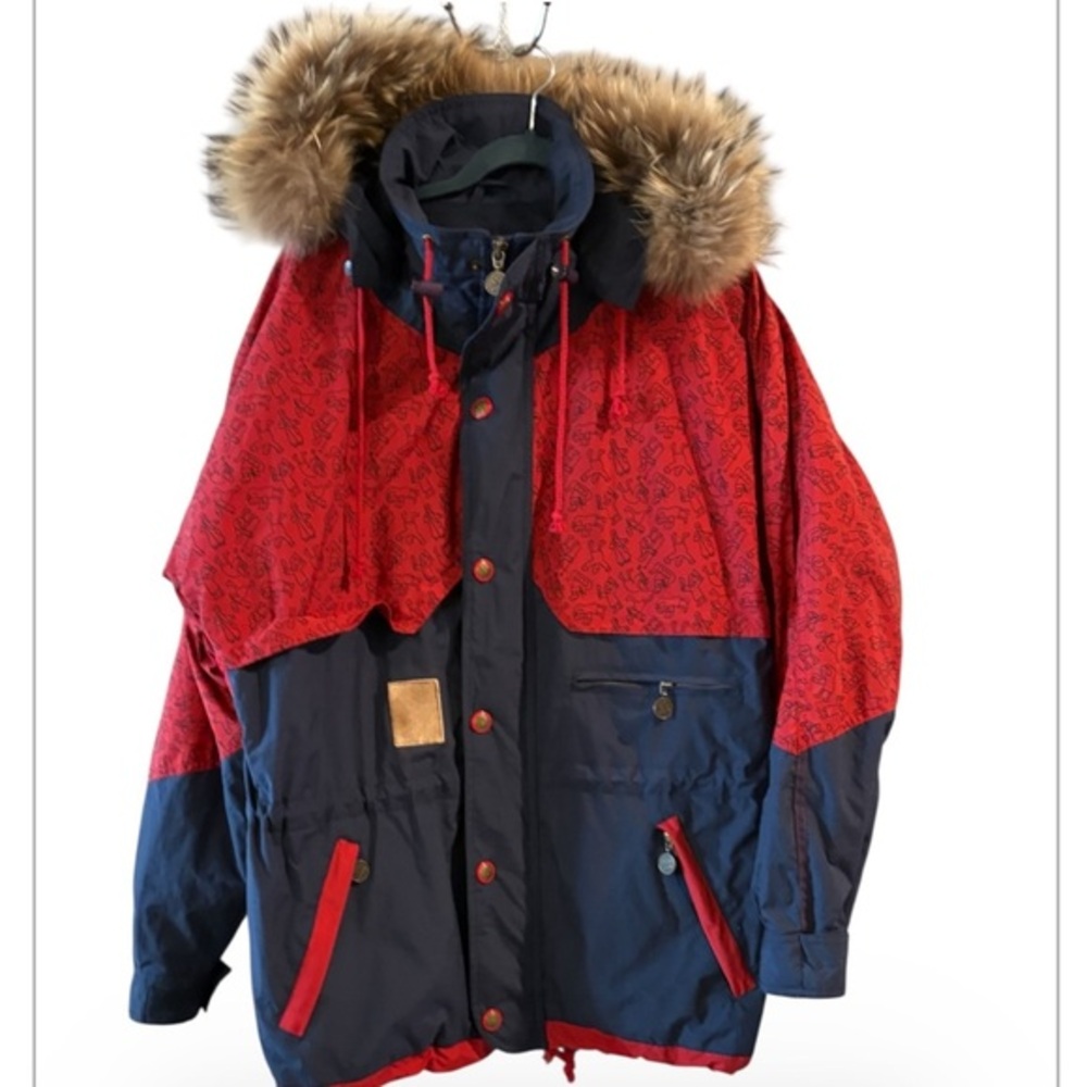 Vintage 90s Smano Sportswear Ski Jacket Fur Hood Red Navy Colorblock Size M